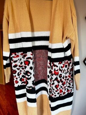 SHEIN Mustard Open Cardigan with Black, White and Red Leopard Panels